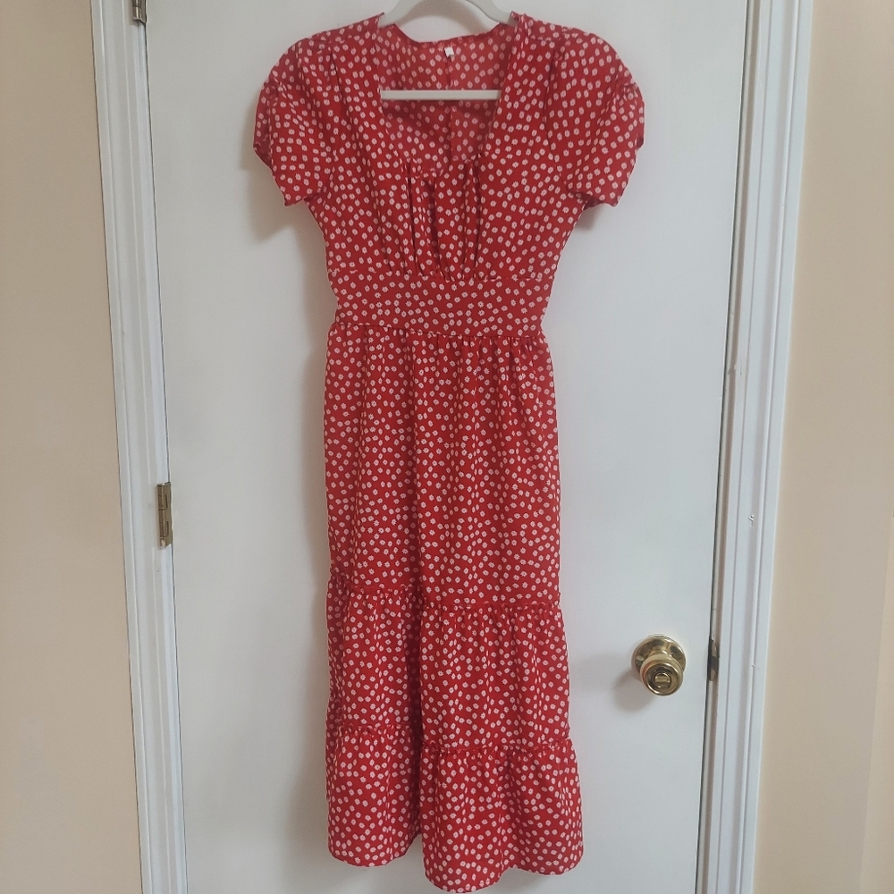 Floral Printed Red Midi Dress
